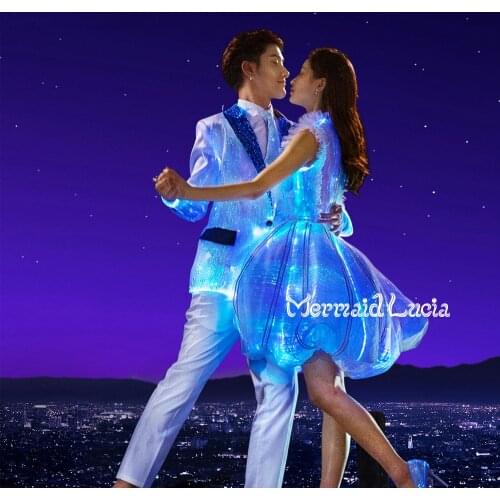 Man Luminous Suit Coat Fiber Optic Fabric Glowing Wedding Dance Christmas Halloween Cosplay