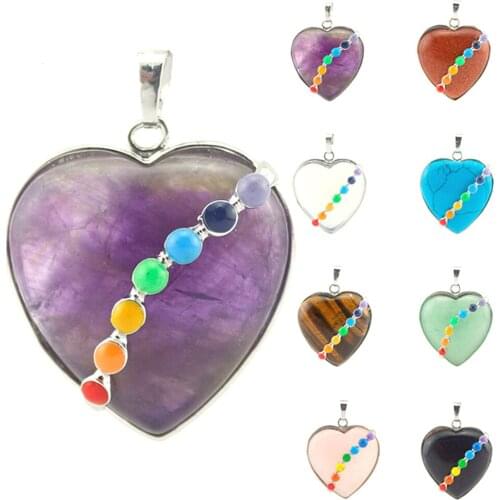 Natural stone pink crystal love heart pendant Seven chakra colored pendants for jewelry making DIY necklace jewelry accessories