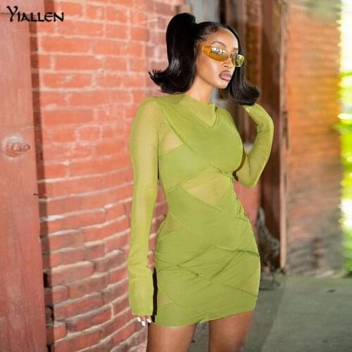 Yiallen New Mesh Patchwork Women Dress Sexy Autumn Full Sleeve Skinny Stretchy Fitness Party Clubwear Bodycon Outfits Hot