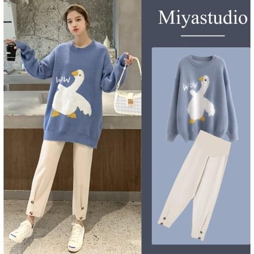 Maternity Clothes Suits Spring Autumn Causal Loose Knitted Sweater Beige Pants 2pcs Set for Pregnant Women Maternity Sweater Set