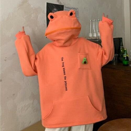 Harajuku Autumn Loose Fleece Frog Hoodie Women Men Hooded Pullover Oversized Embroidery Sweatshirt White Black Grey Green Orange