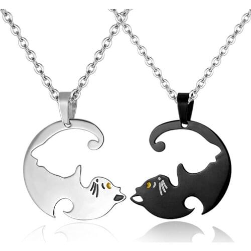 Couples Necklaces Black White Cat Necklace Stainless Steel Animal Cat Pendants Necklace Jewelry 1pair