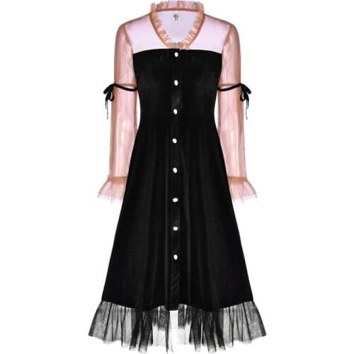 PERHAPS U Women Vintage Retro Black V Neck Bow Lantern Long Sleeve Drees Velvet Mesh Patchwork Midi Evening Paty Drees D2241