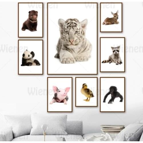 Nordic Poster Animal Canvas Painting Tiger Bear Deer Panda Zebra Raccoon Painting Nursery Baby Kids Room Wall Art Home Decor