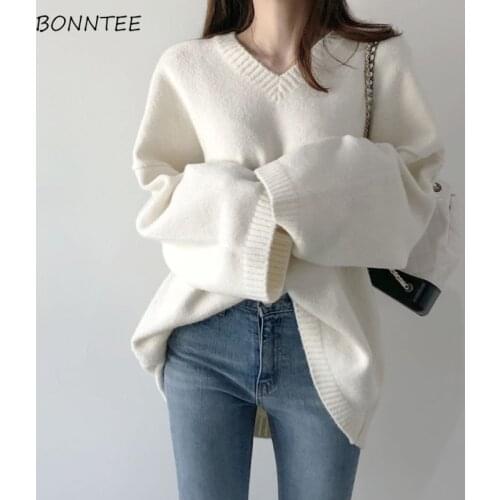 Pullovers Women Loose Full Sleeve V-neck Solid Knitting Spring Sweaters Lazy All-match Preppy Young Korean Fashion Tops Hot New