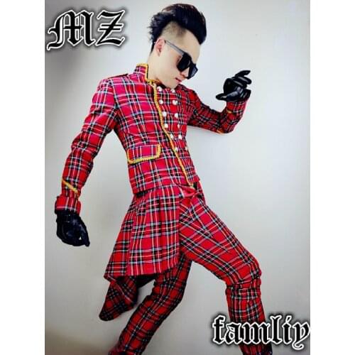 Plus Size New 2020 DJ Mens Brand Fashion Scottish Red Plaid Stage male Suits Men Singer Costume Suit Top Clothing jacket Coats