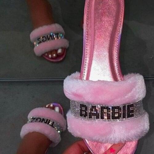 Puls 35-43 Size Fashion Women Sandals Summer Flat Letters Fur Womens Sandals Leisure All-Match Slippers Women
