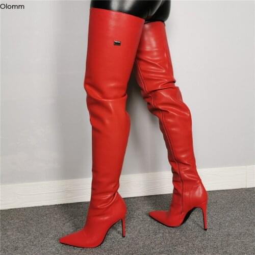 Olomm New Fashion Women Thigh High Boots Stiletto High Heels Boots Pointed Toe Super Sexy Red Party Shoes Women US Size 5-15