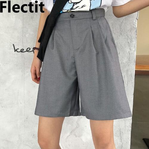 Flectit Womens Bermudas Shorts With Belt High Waist Wide Leg Longline Shorts Female Casual Stylish Outfits