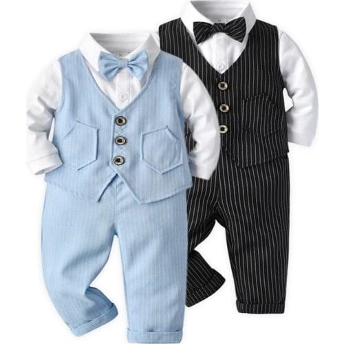 Blue Black Boy Gentleman Blazer Clothes Baby Formal Dress White Shirts Vest Long Prant 3 Pieces Kid Birthday Wedding Suit School