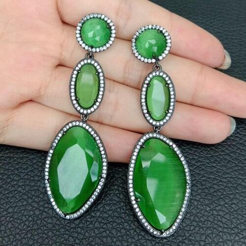 Green Cats Eye Cz pave Gunmetal color plated Stud Earrings High Sense Small Fresh Eardrop Simple Temperament Female Jewelry