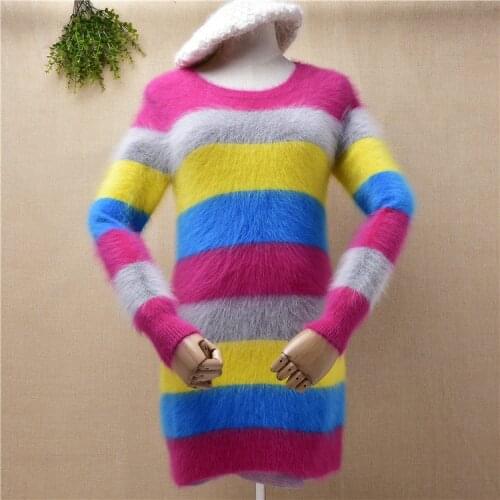 Female women clothing hairy real mink cashmere knitted round neck slim blouses rainbow stripes angora fur jumper sweater dress
