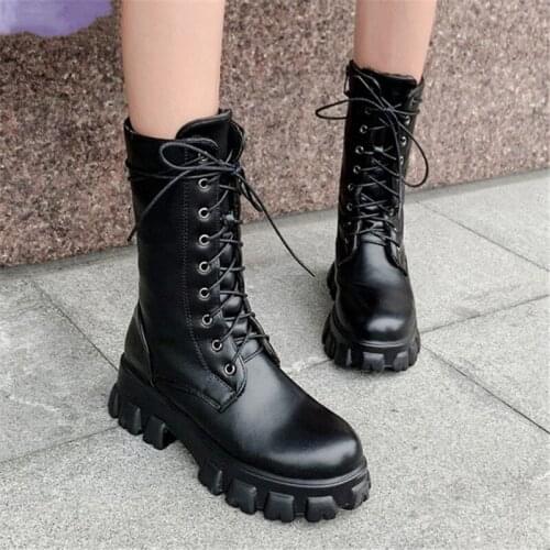 Women Platform Chunky Heels Boots Lace Up Gothic Punk Combat Military Tactical Motorcycle Shoes Autumn Winter 45