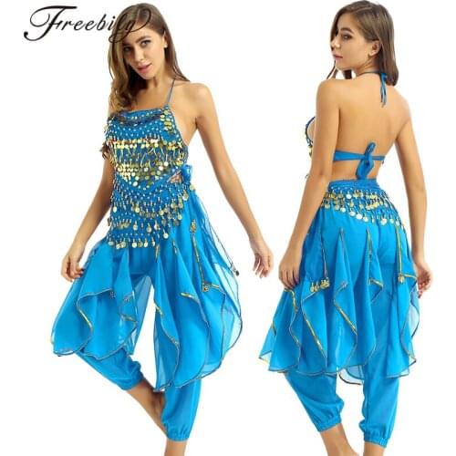 Women India Belly Dance Costume Outfit Indian Dance Performance Clothes Halter Neck Top With Harem Pants And Hip Scarf Dancewear