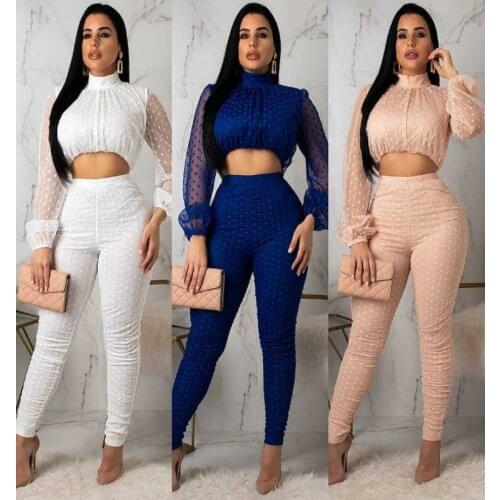 New Celebrity Bodycon Bandage Playsuit Fashion Sexy Polyester Women Jumpsuits Point Mesh lantern Sleeve See-Through Casual suits