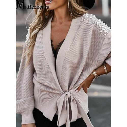 Fashion Women Ladies Long Sleeve V-neck Bowknot Pearl Pure Colors Waist Knitted Lace-Up Cardigan Sweater Casual Pullover Tops