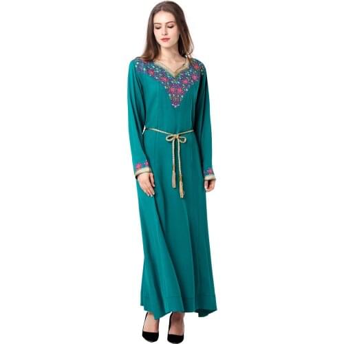 2XL Ramadan Eid Abaya For Women Muslim Floral Embroidery Long Dress Dubai Arabian Saudi Female Full Sleeve Robe With Belt Y1300