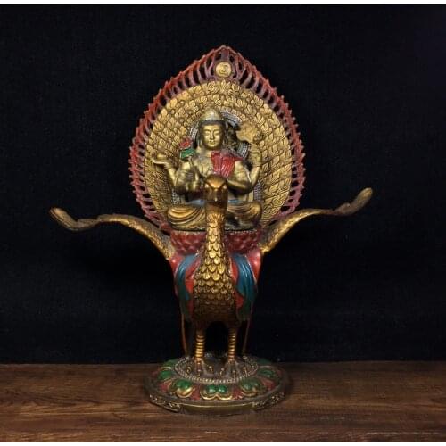 11" Tibet Buddhism Old bronze Painted Peacock King Buddha Statue Buddha Mother Great Peacock King Dara Bodhisattva Enshrine