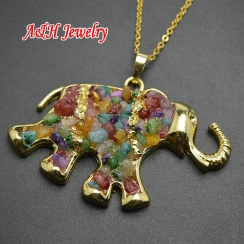 2pc High Quality Natural Colorful Drusy Crystal Paved On Gold Color Elephant Pendant Necklace Fashion Women Jewelry