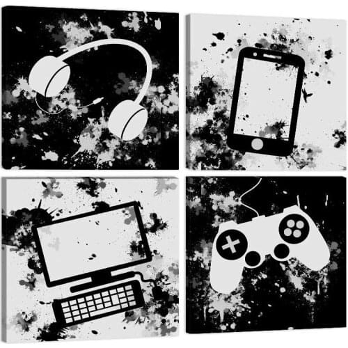4 Pieces Black and White Game Funny Gaming Posters Canvas Pictures Wall Art Home Decor Paintings For Kids Boys Bedroom Playroom