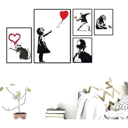 Banksy girl graffiti red balloon picture print on canvas painting black and white wall art posters and prints Nordic home decor