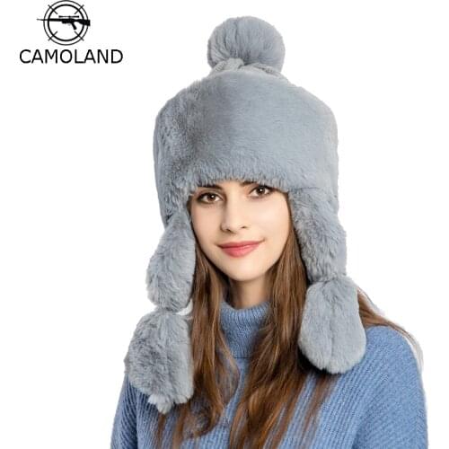 CAMOLAND Bomber Hats Winter Womens Hat Warm Knitted Hat With Ear Flap Faux Fur Trapper Caps For Female Ushanka Cap