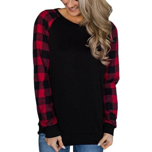 Hitmebox 2020 New Arrival Women Plaid Raglan Long Sleeve Color Block Casual Top Tees Ladys Pullover Round Neck Checks T Shirts