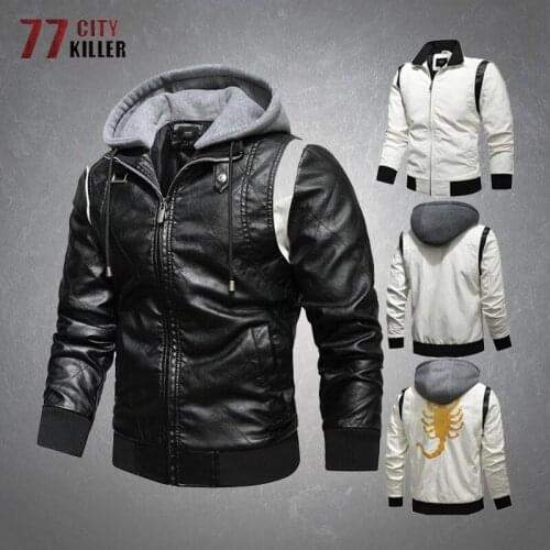 PU Leather Jacket Men Casual Stand Collar Knitted Hooded Coats Male New Biker Embroidery Bomber Mens Faux Leather Jacket Clothes