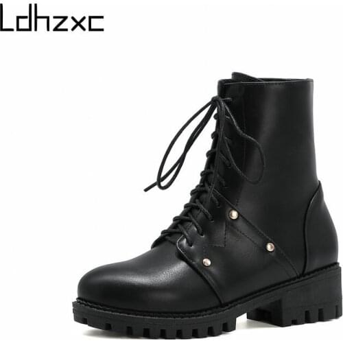 LDHZXC Ankle Strap Women Boots Solid Black Punk Style Female Short Boots Two-pieces Lace Up Ladies Shoes Plus Size 34-44