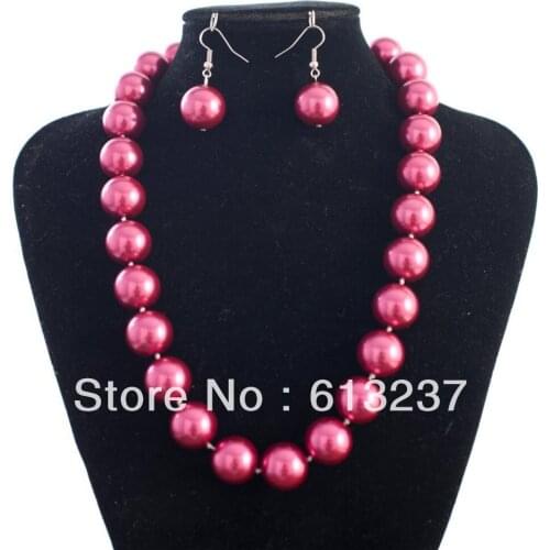 Fashion hot sale 12mm simulated-pearl rose red shell 18inch round beads necklace earrings elegant jewelry making 18inch MY2030