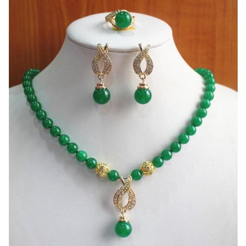 Fashion 2 Colors Precious Jade Necklace Earring Ring(7/8/9)Jewelry Set