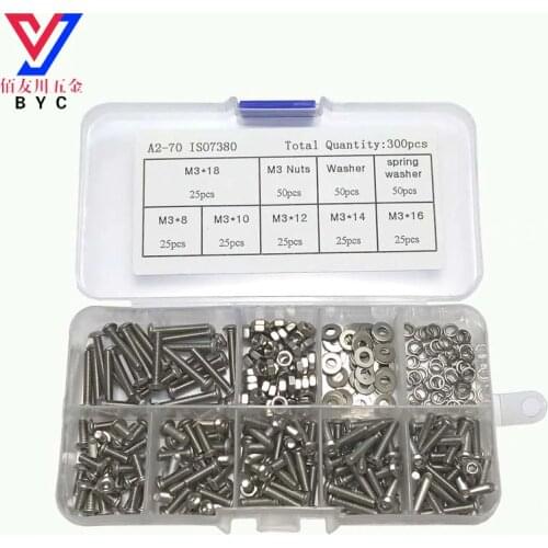 300pc/set Assortment Kit Stainless Steel Hex Socket Screw Bolt Nut M3 Button head Repair Tool Hardware Fasteners Accessories PCB
