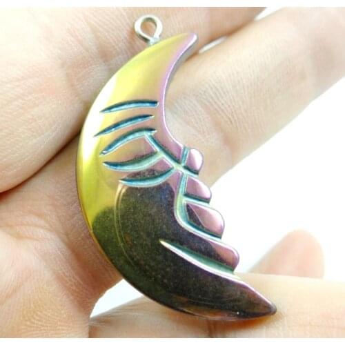 Natural Quartz crystal Titanium Hematite hand-Carved safety moon Gem pendant for diy jewelry making necklace Accessories3pcs P15