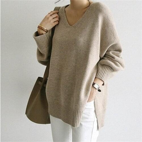 2021 Autumn V-Neck Split Knitted Sweater Casual Korean Womens Outwear Soft Regular Winter Clothes for Women Warm Pullovers Tops
