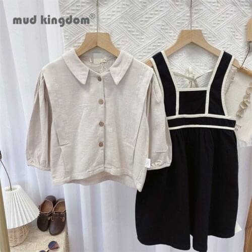 Mudkingdom Spring Shirts for Girls Solid Peter Pan Collar Long Puff Sleeve Button Tops for Little Girl Fashion Autumn Clothing