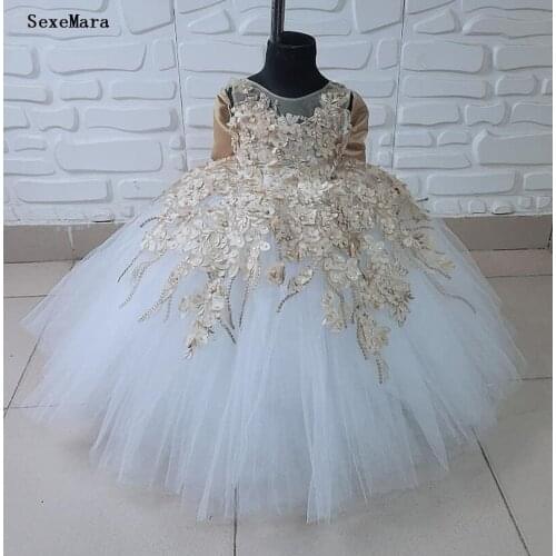 SexeMara Cute Gold Lace flowers pearls girl cloth baby toddler tulle birthday gown kids dresses for wedding and party