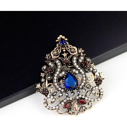 Sunspicems Ethnic Arabesque Flower Brooch Turkish Jewelry for Women Retro Gold Color Water Drop Resin Rhinestone Scarf Pins