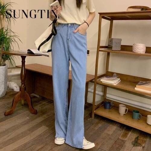 Sungtin Thin Slim Harajuku Split Up Jeans Women Straight Denim Pants 2021 Summer Korean Cowboy Trousers Soft Beach Vintage Chic