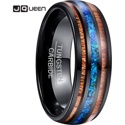 Comfort Fit 8mm Natural Acacia Wood Ring with Letter I Love You Opal Tungsten Carbide Ring for Men Name
