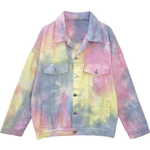 Harajuku Colorful Gradient Denim Jacket For Women 2021 Autumn New Loose Fashion Casual Hole Jeans Jacket Female Chaquetas Mujer