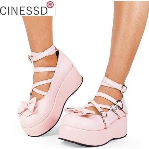 2021 Summer New Women Pumps Platform Wedges High Heels Pink Bowknot Leather Womens Pumps Sweet Cute Lolita Heart Shoes Woman
