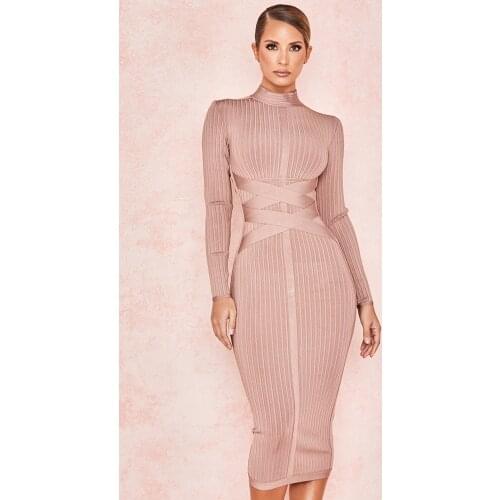 Deiveteger khaki long sleeve mid-calf women bandage dress bodycon pencil winter party club dress Vestidos