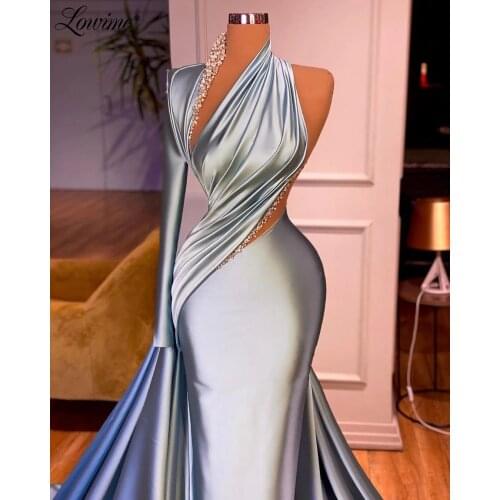 Lowime Haute Couture Mermaid Beading Crystal Long Evening Dresses V Neck Long Sleeve Prom Gown Dubai вечернее платье Party Dress