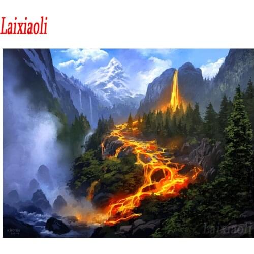 5D Cross stitch diamond embroidery volcano,lava flow landscape home decoration 5D Diy diamond painting rhinestone painting craft