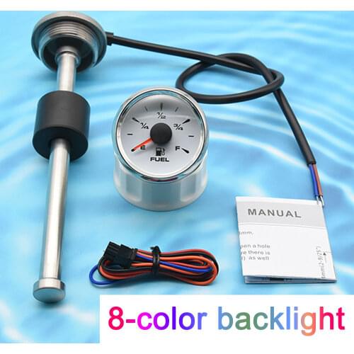 8-color Backlight 52MM Gauge Fuel Level Gauge 0-190Ohm Water Fuel Tank Level Indicator Meter With Fuel Level Sensor 150MM 200MM