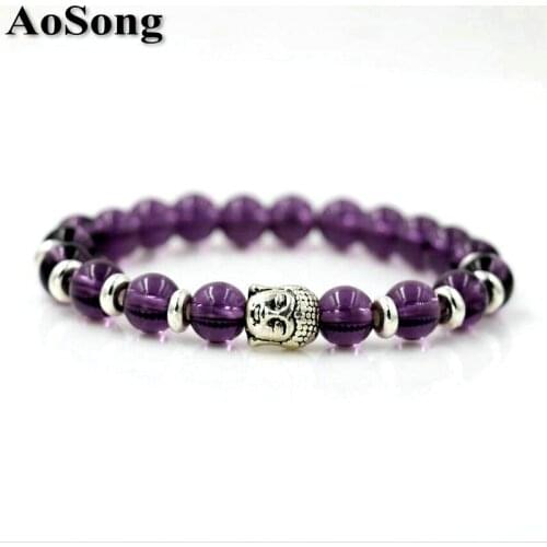 BPPCCR Jewelry Purple Yellow Glass beads Crystal Beads 8mm Women Amulet Buddha statue Head Chakra Bracelets mujer pulseras
