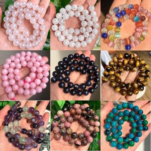 Natural Stone Beads 4-12mm Opal Rose Quartzs Aquamarines Lava Tiger Eye Moonstone Round Beads for Jewelry Making DIY Bracelets