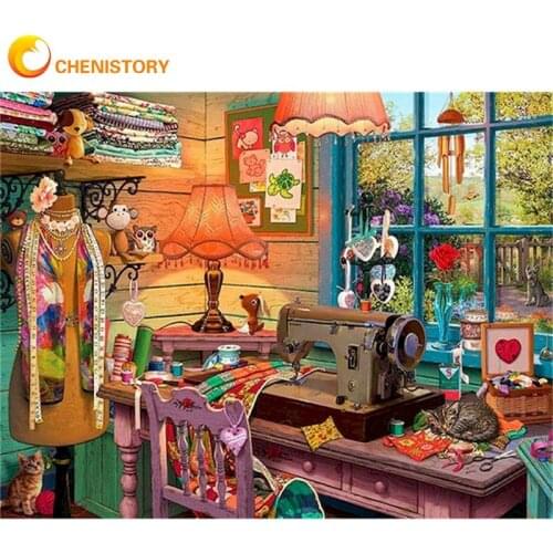 CHENISTORY Oil Painting By Numbers Kits For Adults Sewing Machine Landscape Picture By Number Handmade Unique Gift Home Decor