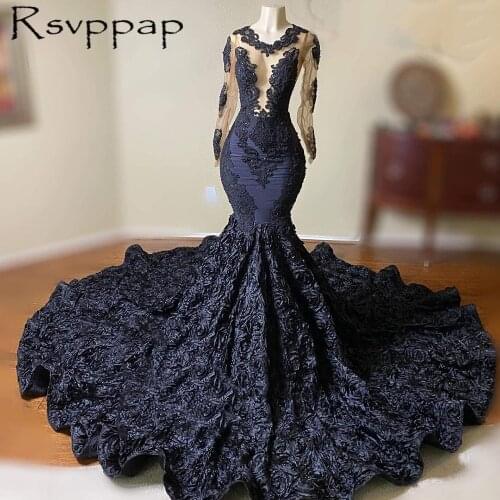 Black Mermaid African Girl Long Prom Dresses 2021 Real Pictures Appliques Sheer Top Long Sleeves 3D Flowers Party Prom Dress