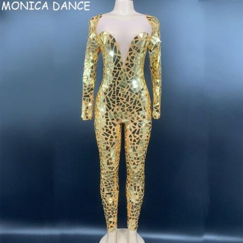 Women Sexy Stage Sparkly Gold Red Mirror Transparent Jumpsuit Birthday Celebrate Prom Party Outfit Women Bar Dancer Outfit